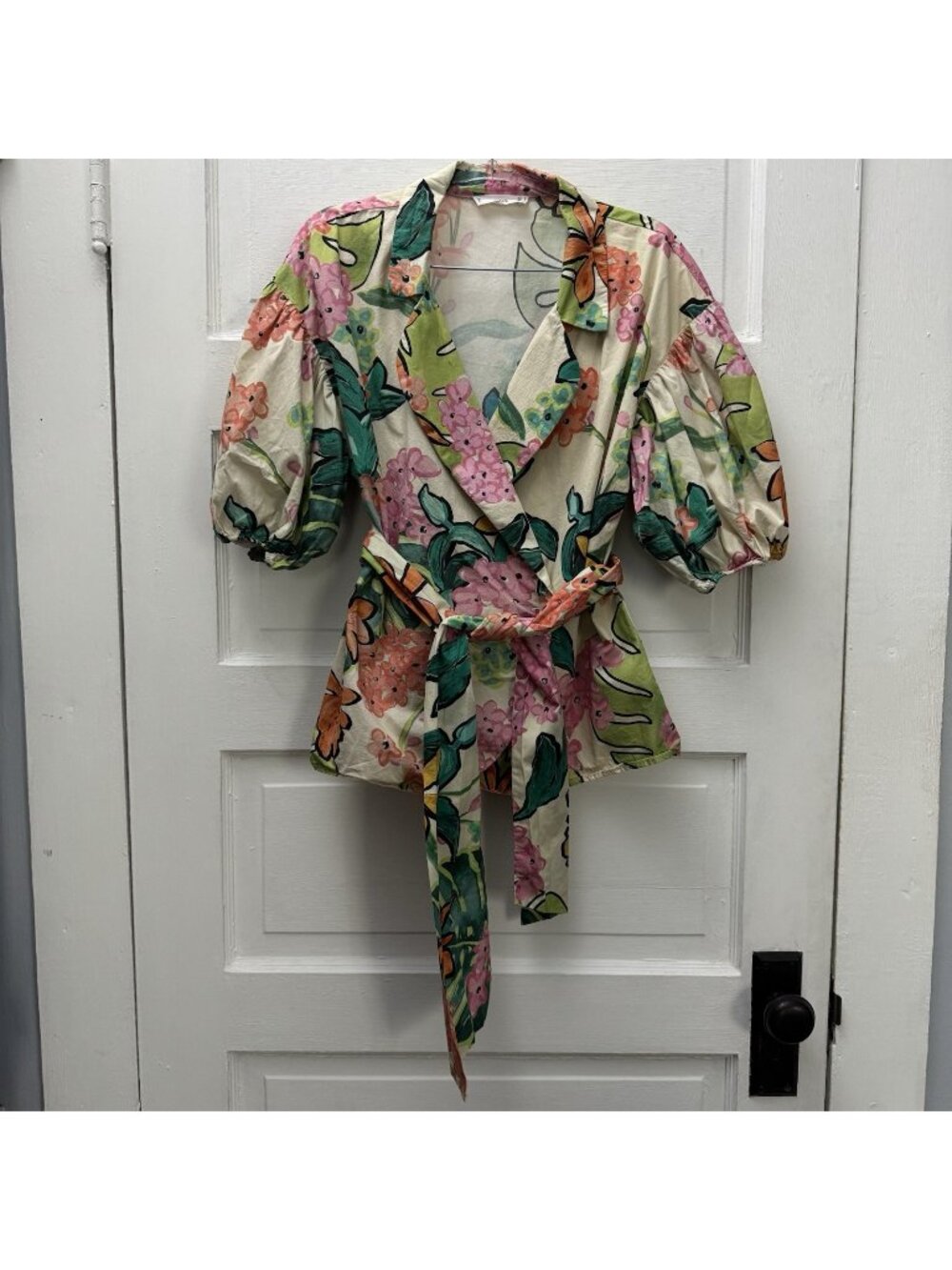 MNG Mango Floral Wrap Blouse Top Belted Puff Sleeve Cotton Size 6